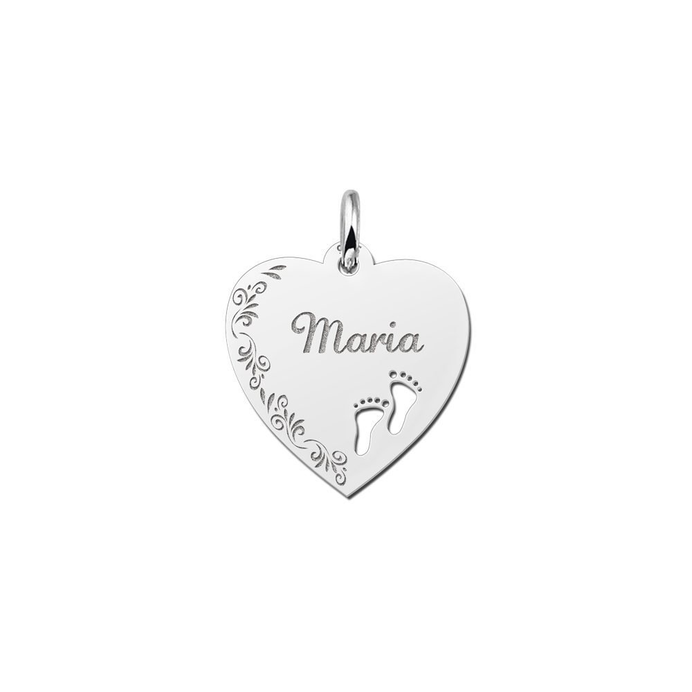 Zilveren hart hanger bloemrand met voetjes – 17 x 17 mm – Small