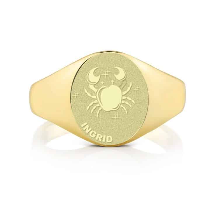 Gouden zegelring ovaal met horoscoop en gravure - Kreeft