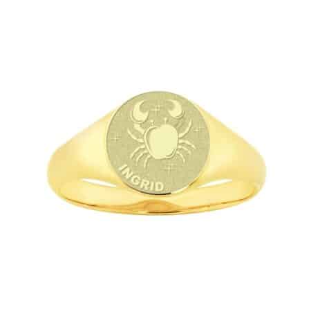 Gouden zegelring rond met horoscoop en gravure - Kreeft