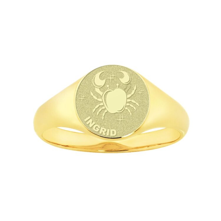Gouden zegelring rond met horoscoop en gravure - Kreeft