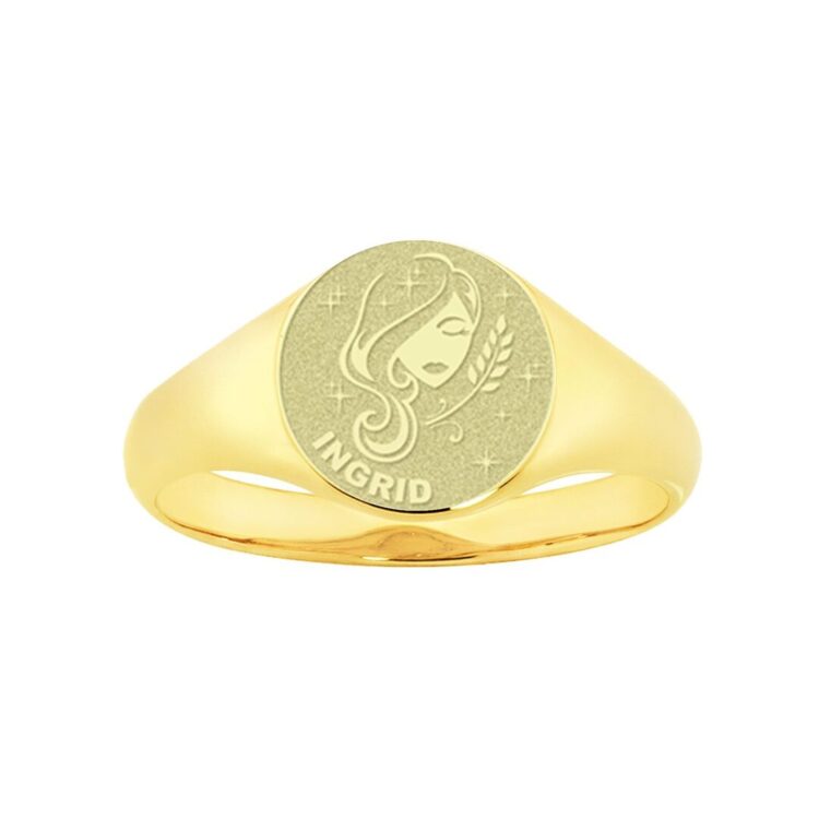 Gouden zegelring rond met horoscoop en gravure - Maagd vriendschapsringen