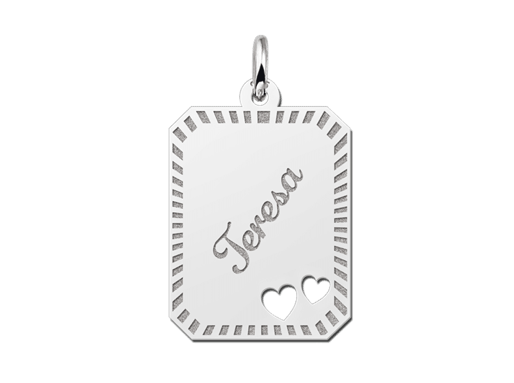 Zilveren dogtag rechthoek hanger met sierrand en hartjes – 16 x 20 mm – Large