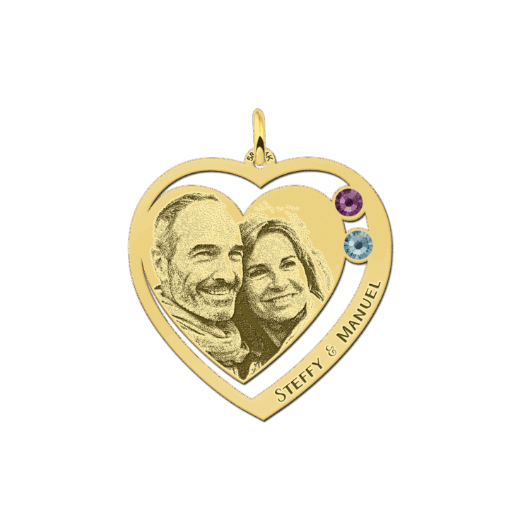 Gouden Hanger met foto hartje 2 geboortestenen en 1 tekst