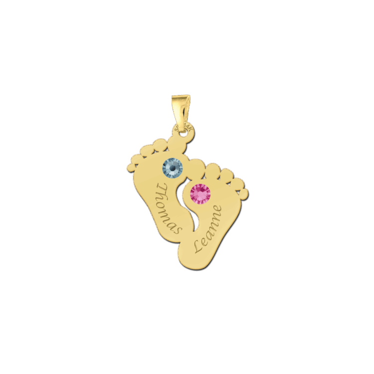 Geboortestenen in voetjes hanger van goud Gegraveerd