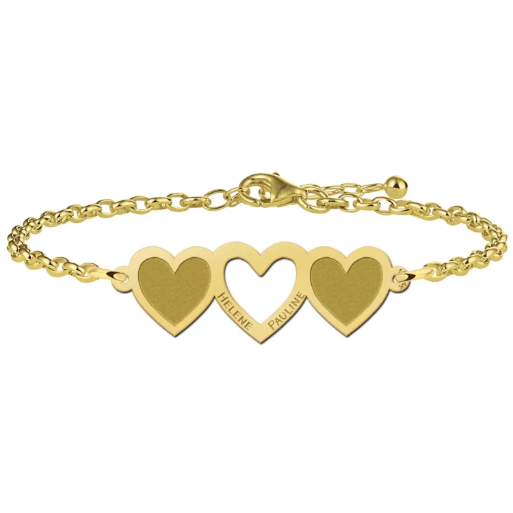 Gegraveerde Gouden armband met drie hartjes en gravure