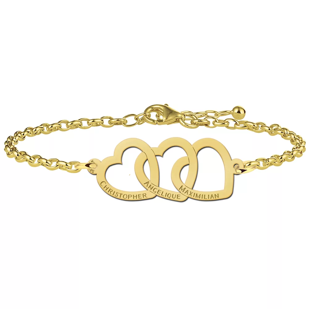 Gegraveerde Gouden armband met drie hartjes