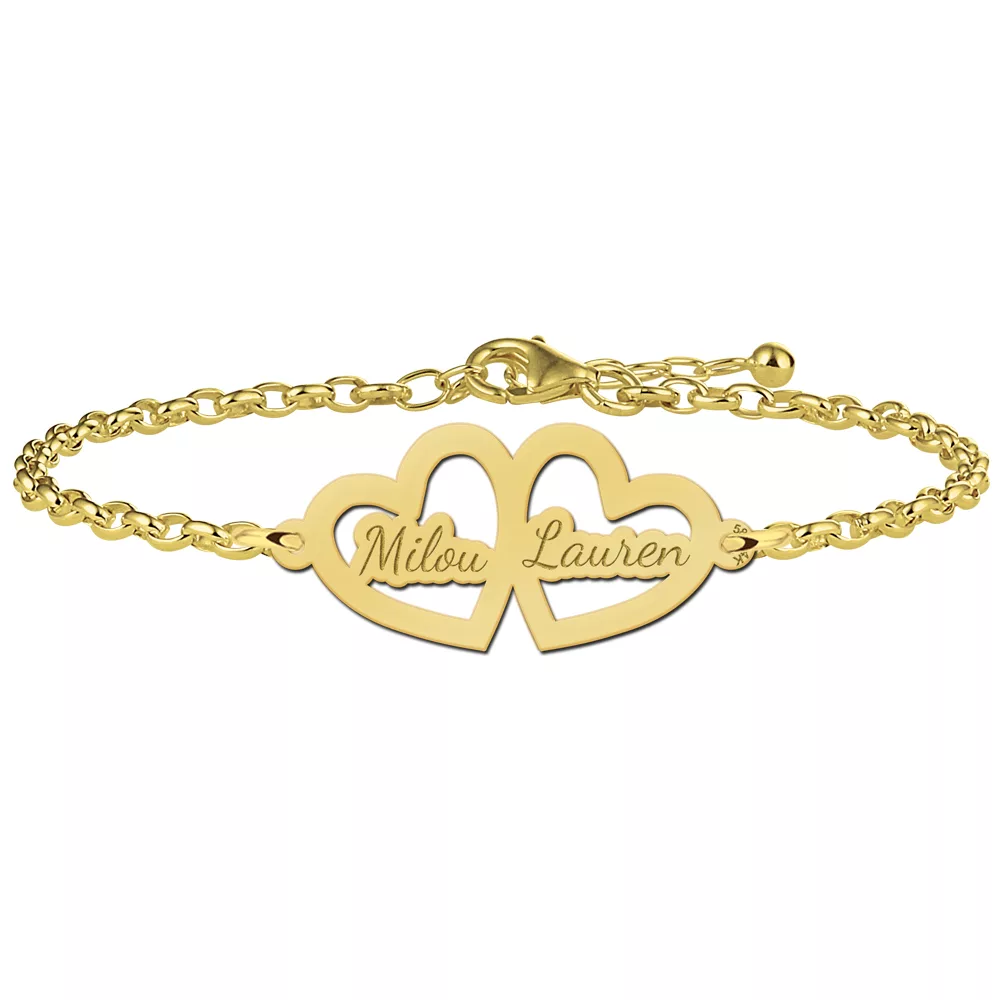 Gegraveerde Gouden armband met twee hartjes en namen