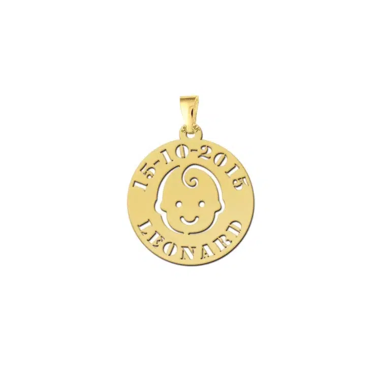 Gouden babyhanger krul in haar met naam en datum Gegraveerd