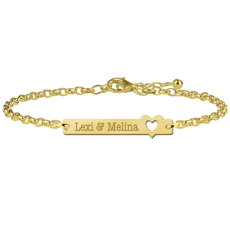 Gegraveerde Gouden bar armband met naam en hartje