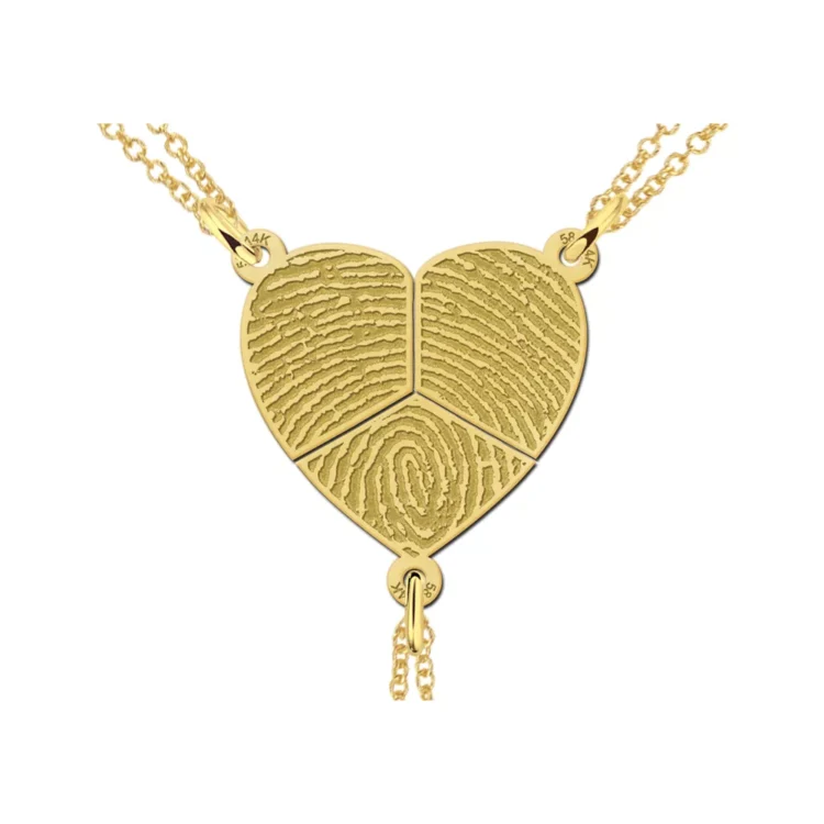 Gouden driedelige hanger hartje met vingerafdruk Gegraveerd BFF VINGERAFDRUK SIERADEN