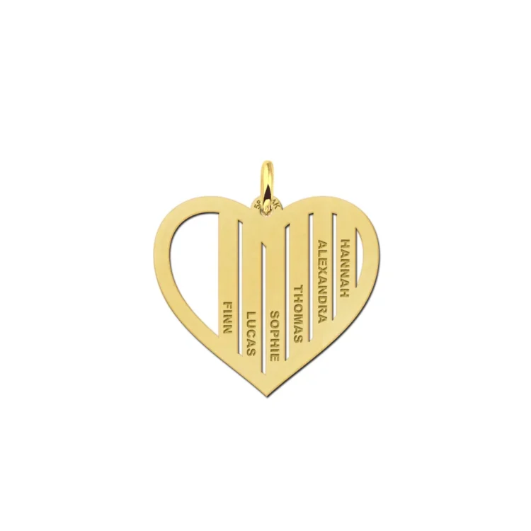 Gouden familieketting in hartvorm met levensboom en namen Gegraveerd