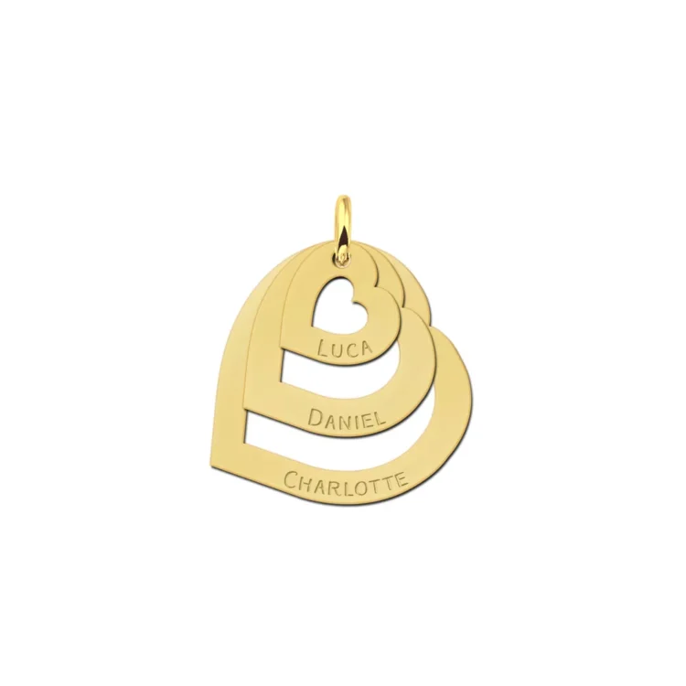 Gouden familieketting met drie losse hartjes Gegraveerd