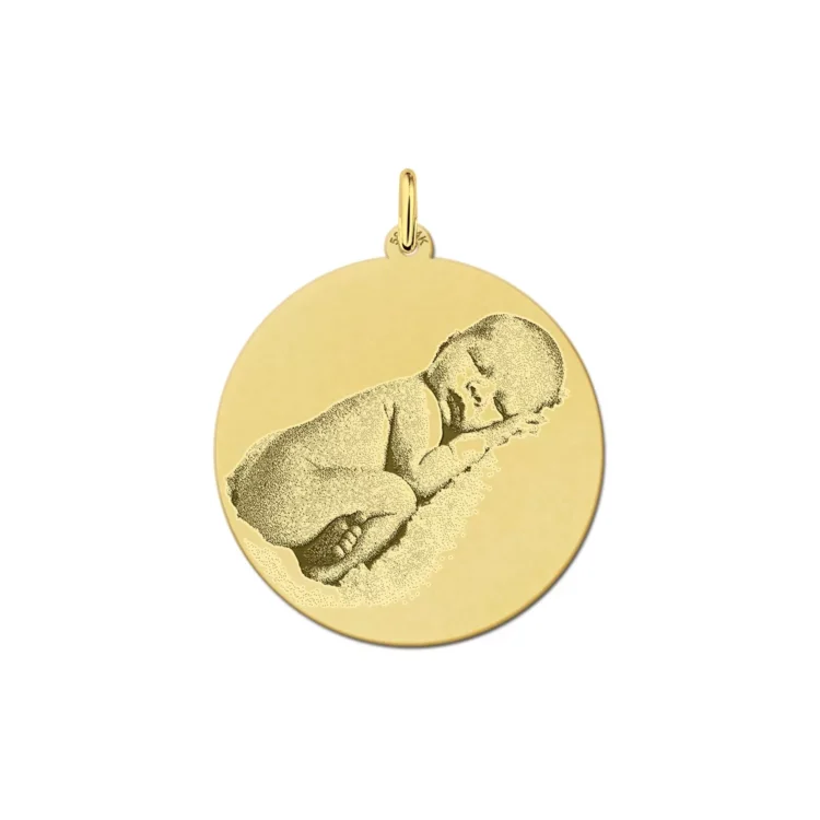 Gouden foto hanger rond gegraveerd - XL 30MM