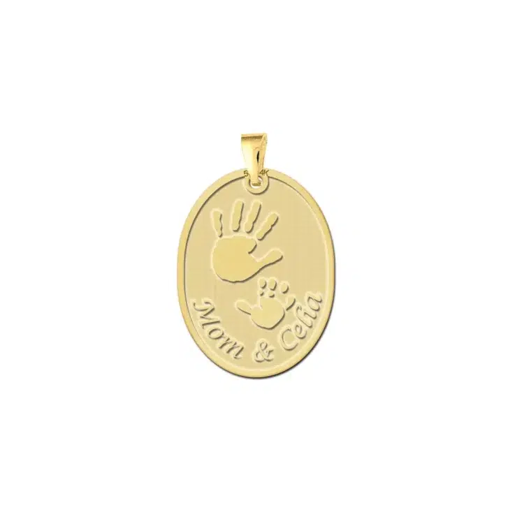 Gouden geboorte hanger handjes Gegraveerd