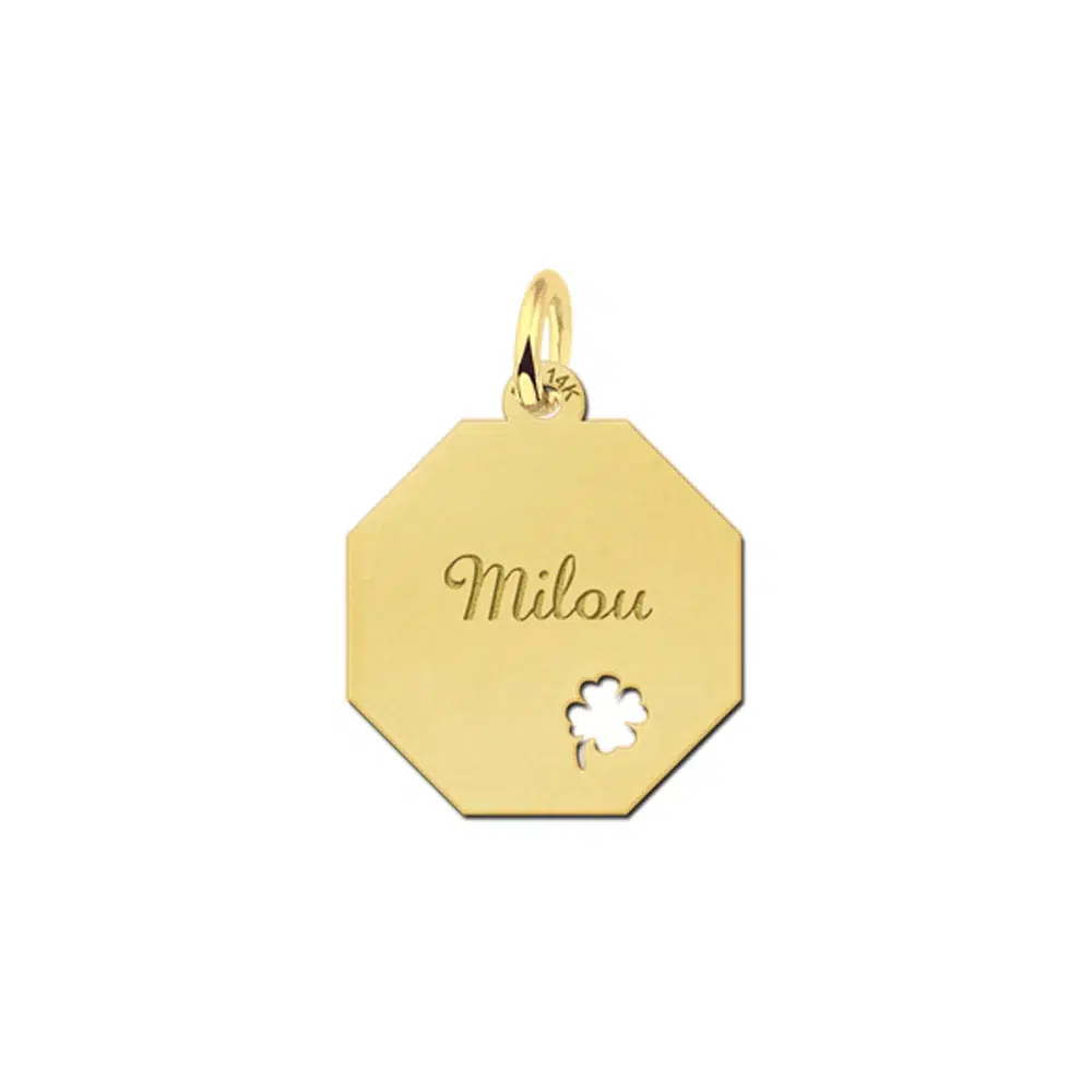 Gouden hanger achthoek met klaver – 17 x 17 mm – Small