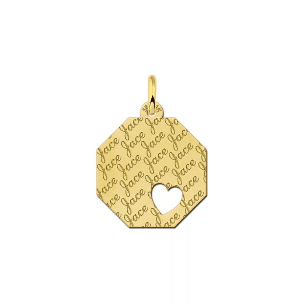 Gouden hanger achthoek met grote hart repeat – 17 x 17 mm – Small