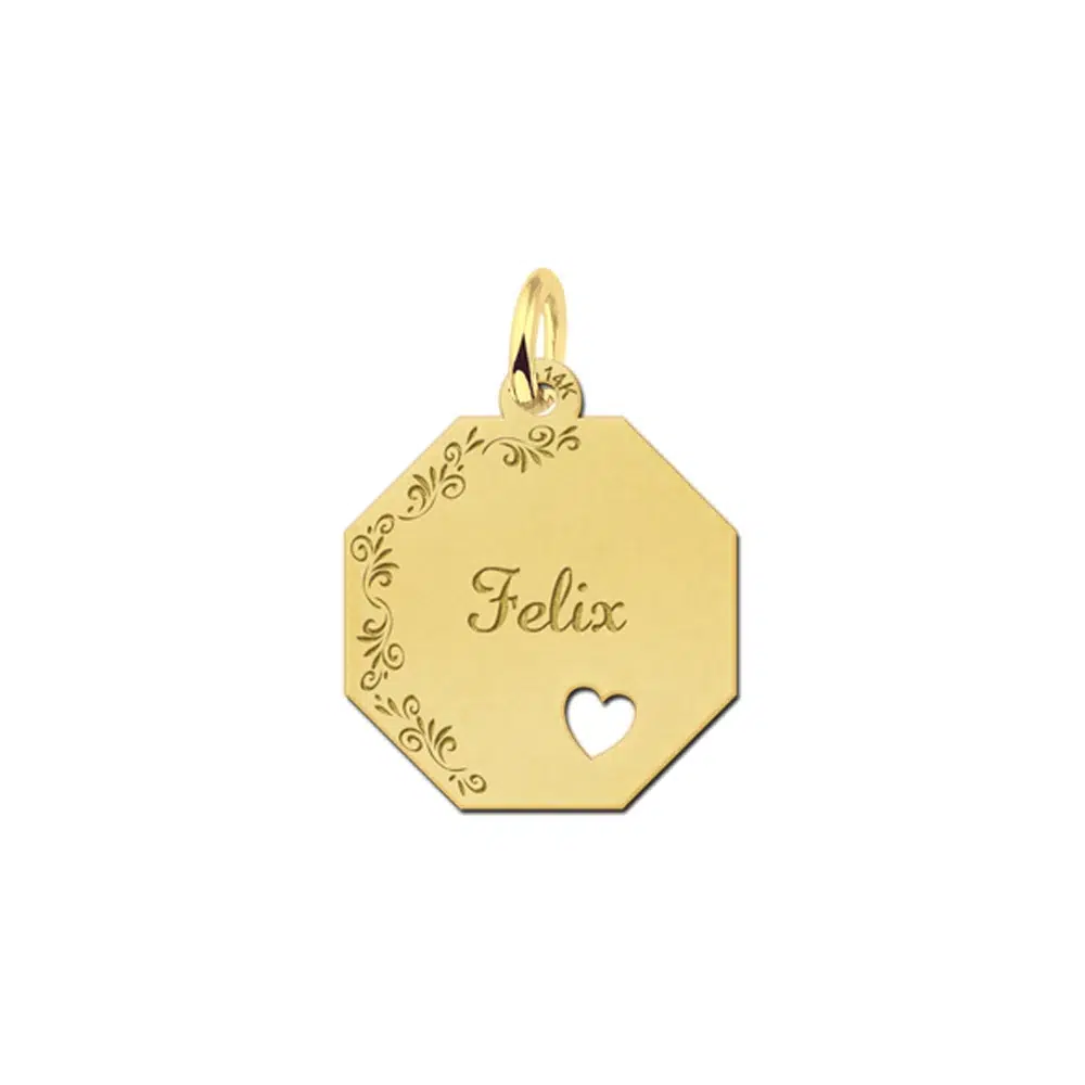 Gouden hanger achthoek met hart bloemetjesrand – 17 x 17 mm – Small