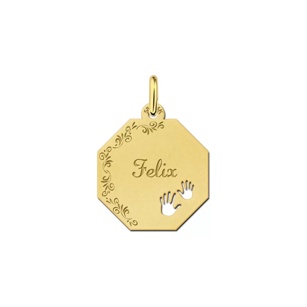 Gouden hanger achthoek met klaver en bloemrand – 17 x 17 mm – Small