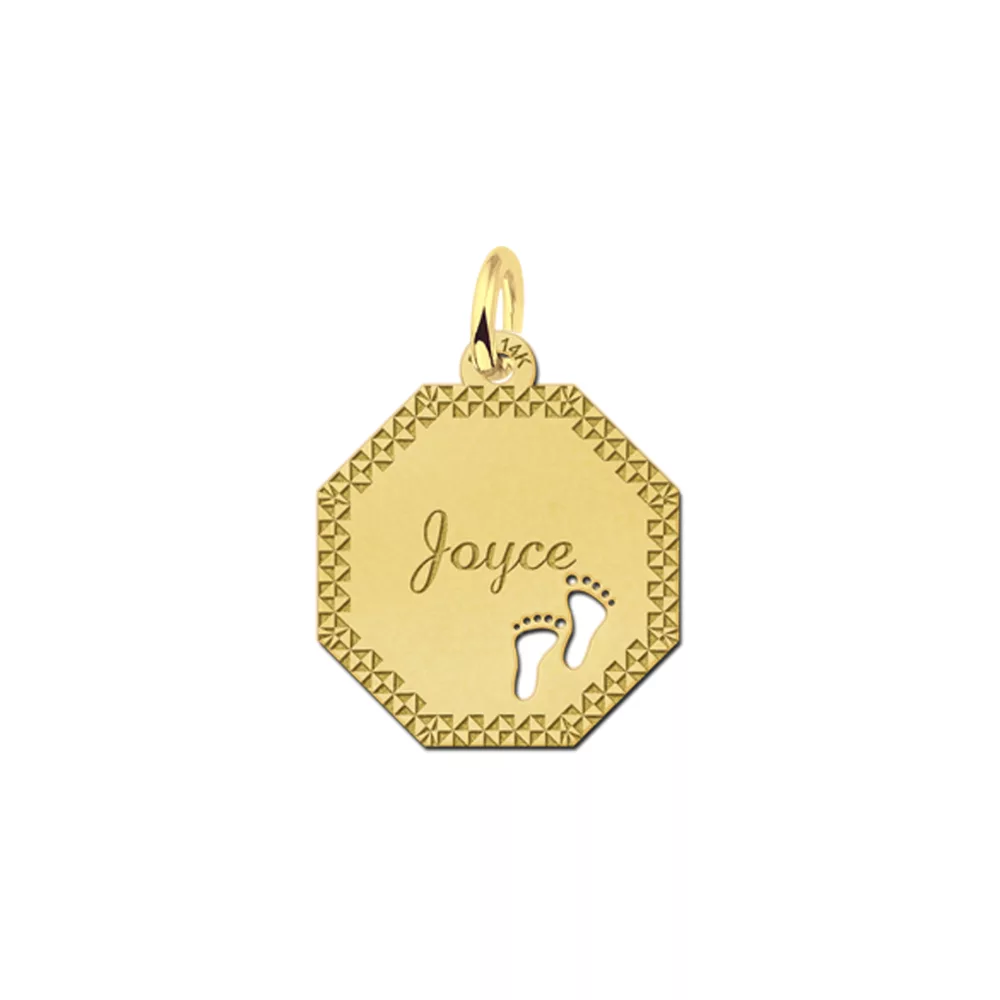 Gouden hanger achthoek met voetjes sierrand – 17 x 17 mm – Small