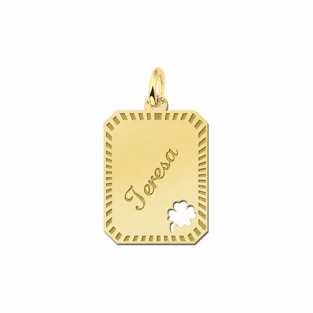 Gouden dogtag rechthoek hanger met sierrand en klaver – 16 x 20 mm – Large