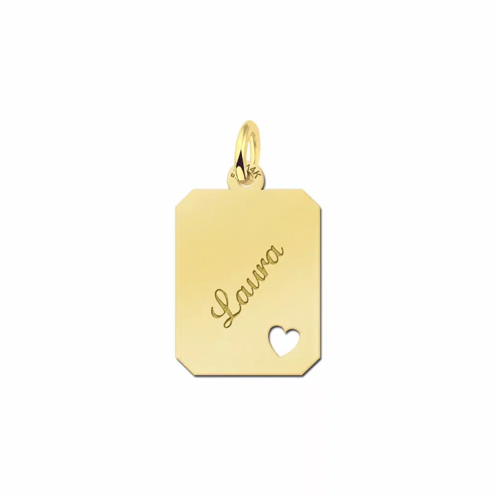 Gouden dogtag rechthoek plain met hartje – 14 x 18 mm – Small
