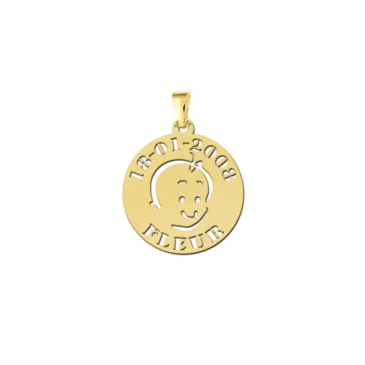 Gouden hanger baby hoofdje met naam en datum Gegraveerd
