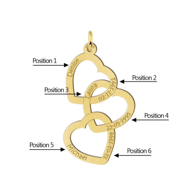 Gouden hanger drie harten Gegraveerd