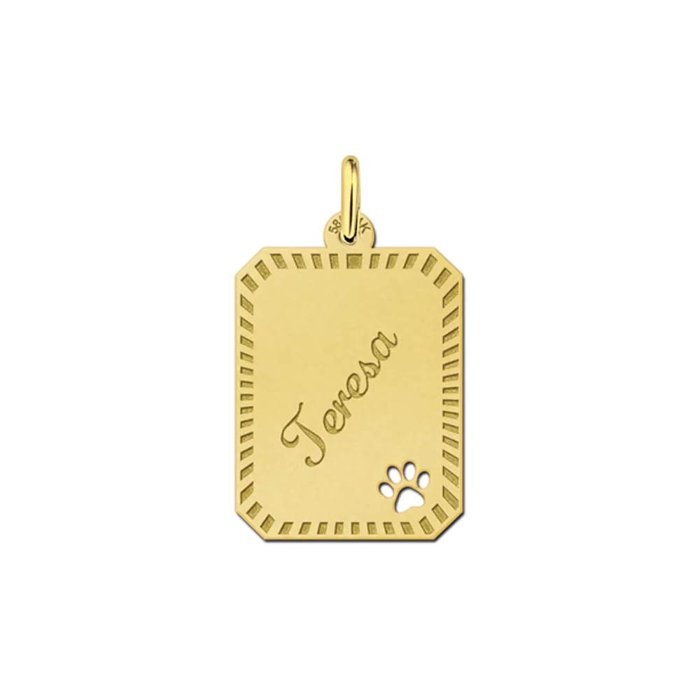 Gouden hanger rechthoek hondenpootje sierrand – 16 x 20 mm – Large