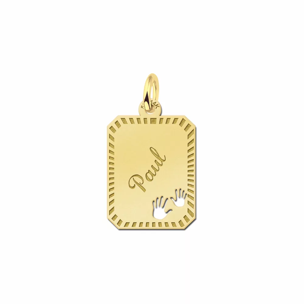 Gouden dogtag rechthoek met sierrand en handjes – 14 x 18 mm – Small