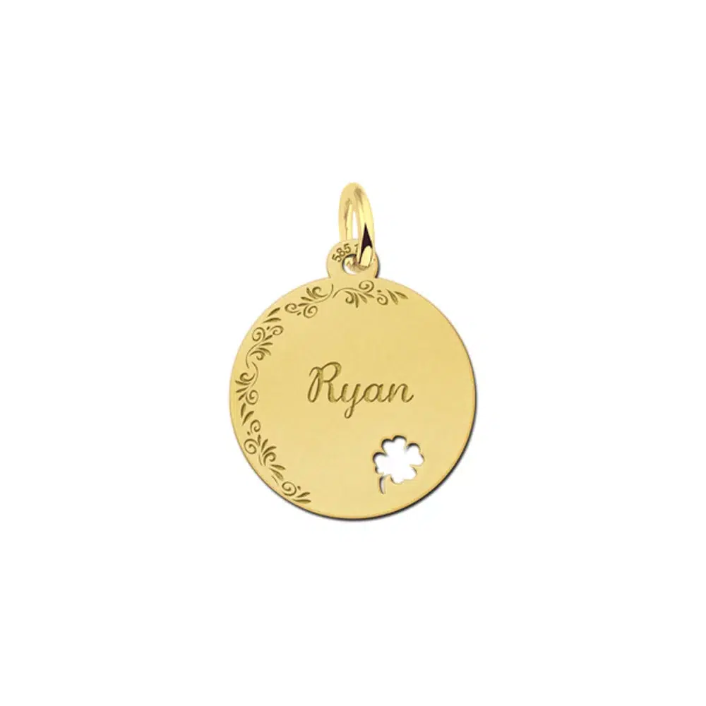 Gouden hanger rond klaver bloemetjesrand – 17 x 17 mm – Small