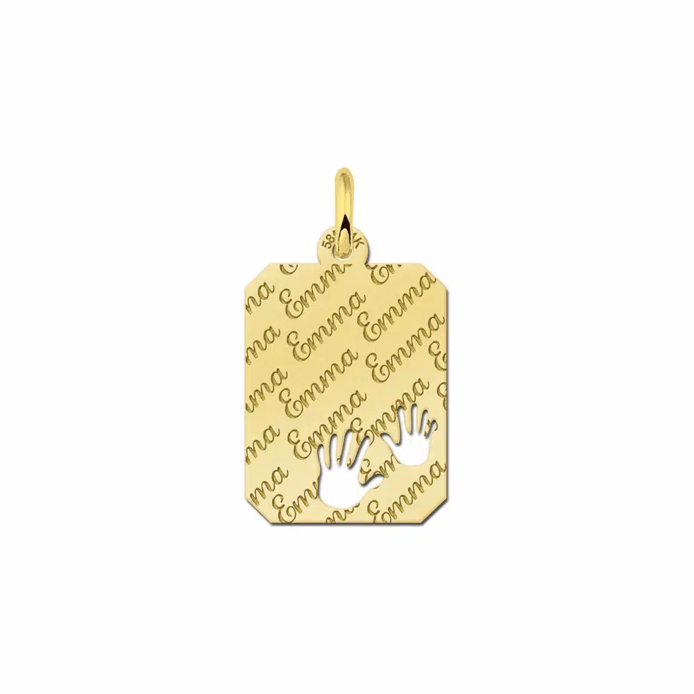 Gouden dogtag rechthoek hanger repeat met handjes – 14 x 18 mm – Small