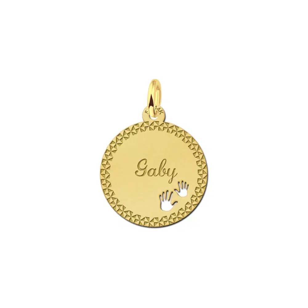 Gouden hanger rond met handjes en sierrand – 17 x 17 mm – Small