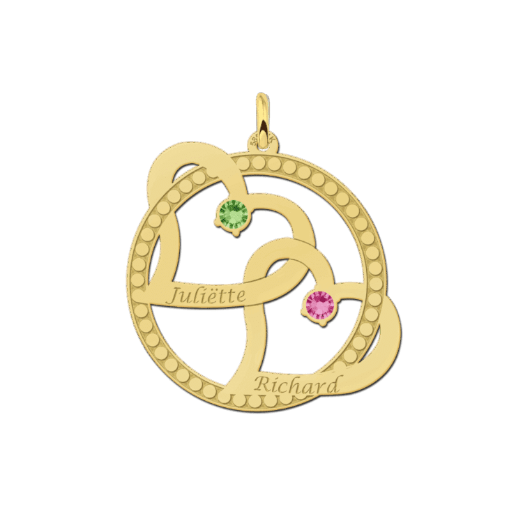 Gouden hart hanger 2 harten met geboortestenen Gegraveerd