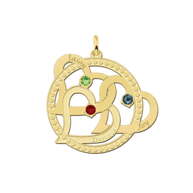 Gouden hart hanger drie harten met naam en geboortesteen Gegraveerd