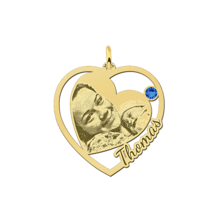 Gouden Hanger met foto hartje geboortesteen en tekst
