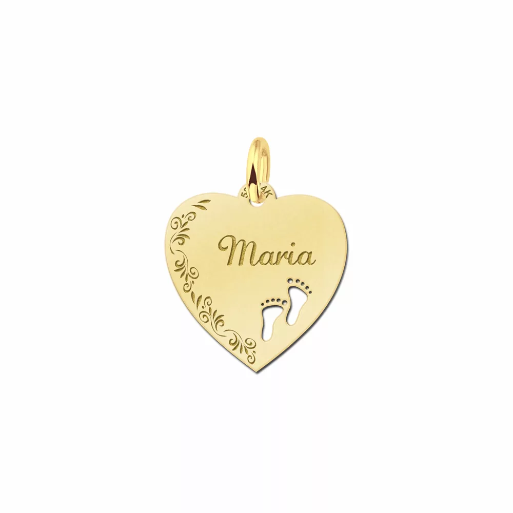 Gouden hart hanger bloemrand met voetjes – 17 x 17 mm – Small