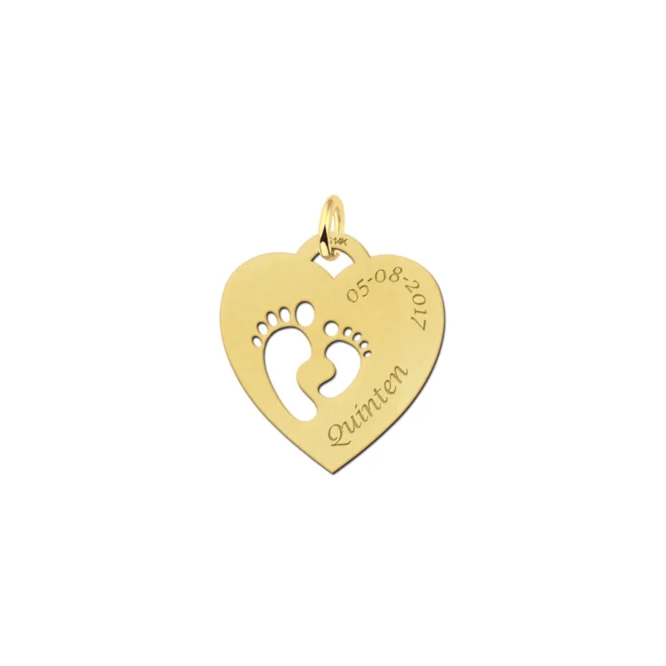 Gouden mama hanger met hartje en twee voetjes Gegraveerd