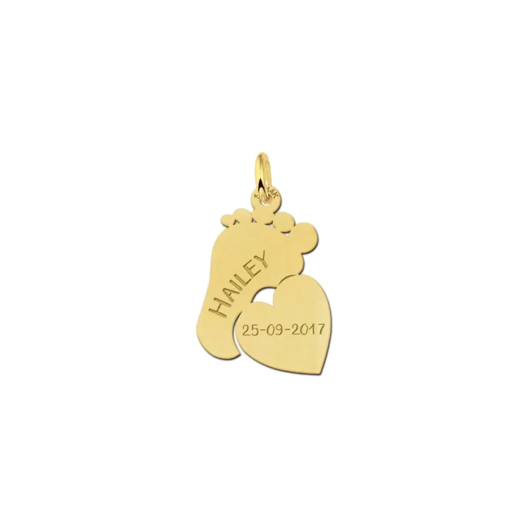 Gouden mama hanger met voetje en hart Gegraveerd