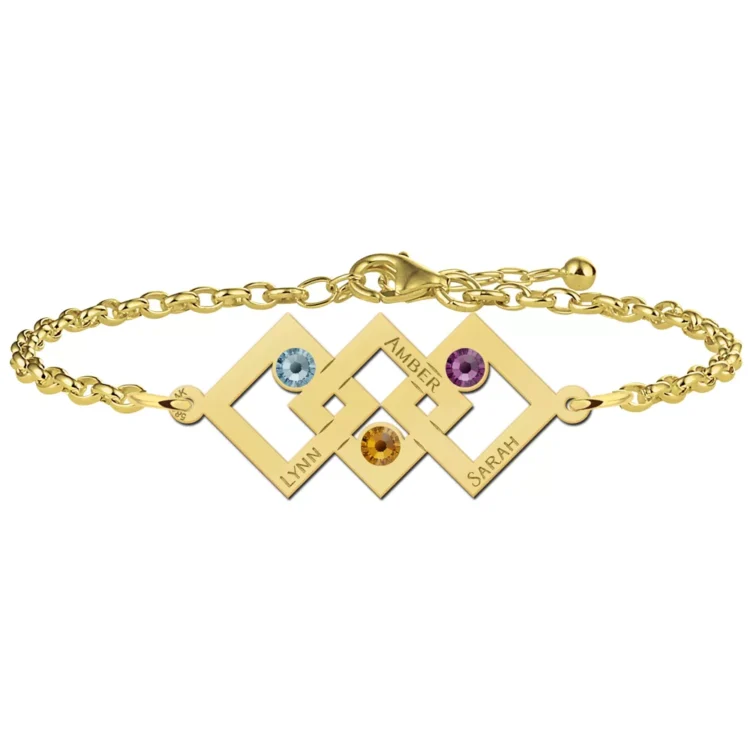 Gegraveerde Gouden moeder-dochter-armband met drie rechthoeken en geboortestenen