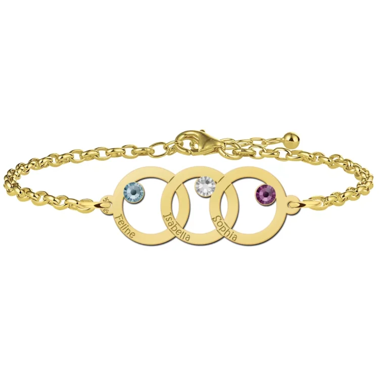 Gegraveerde Gouden moeder-dochter-armband met drie rondjes en geboortestenen