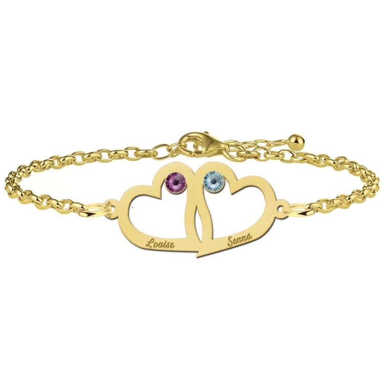 Gegraveerde Gouden moeder-en-dochter-armband met hartje en geboortesteen