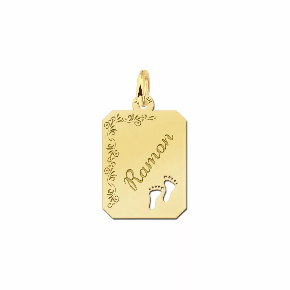 Gouden dogtag rechthoek hanger bloemrand met voetjes – 14 x 18 mm – Small