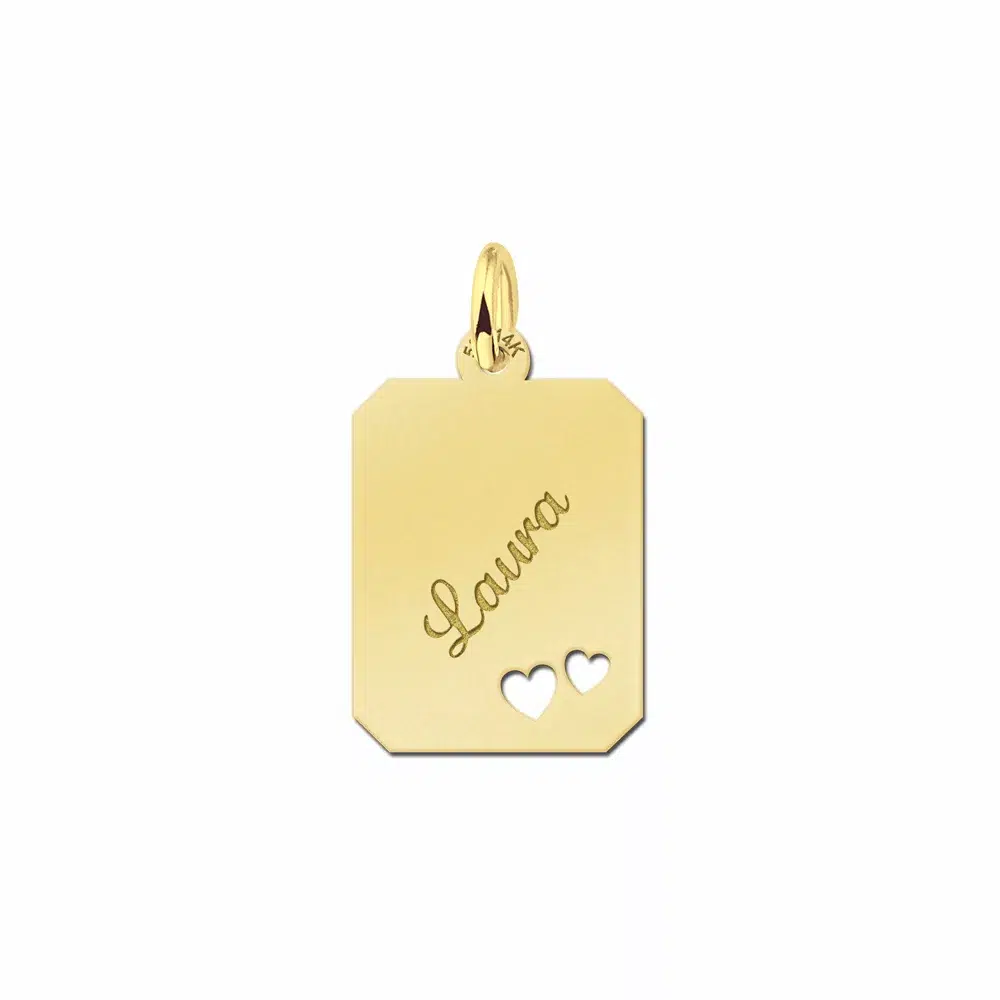 Gouden dogtag rechthoek plain met hartjes – 14 x 18 mm – Small