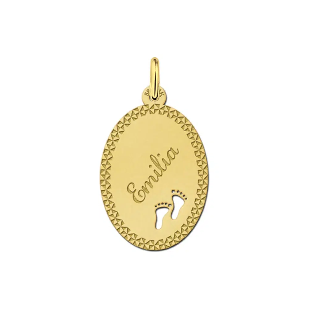 Gouden hanger ovaal met twee voetjes sierrand - 16 x 22 mm - Large