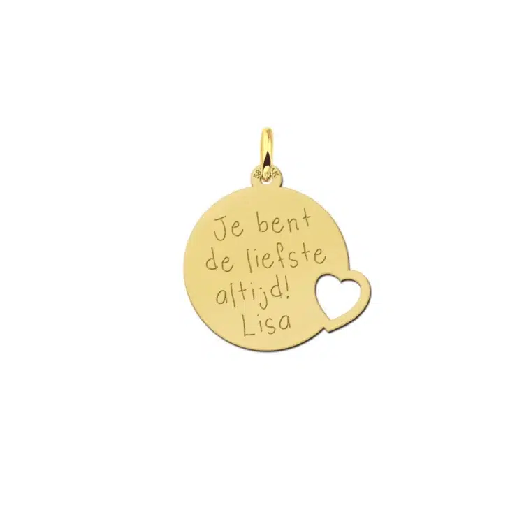 Gouden Ronde Hanger met Hartje en Tekst Graveren gegraveerd