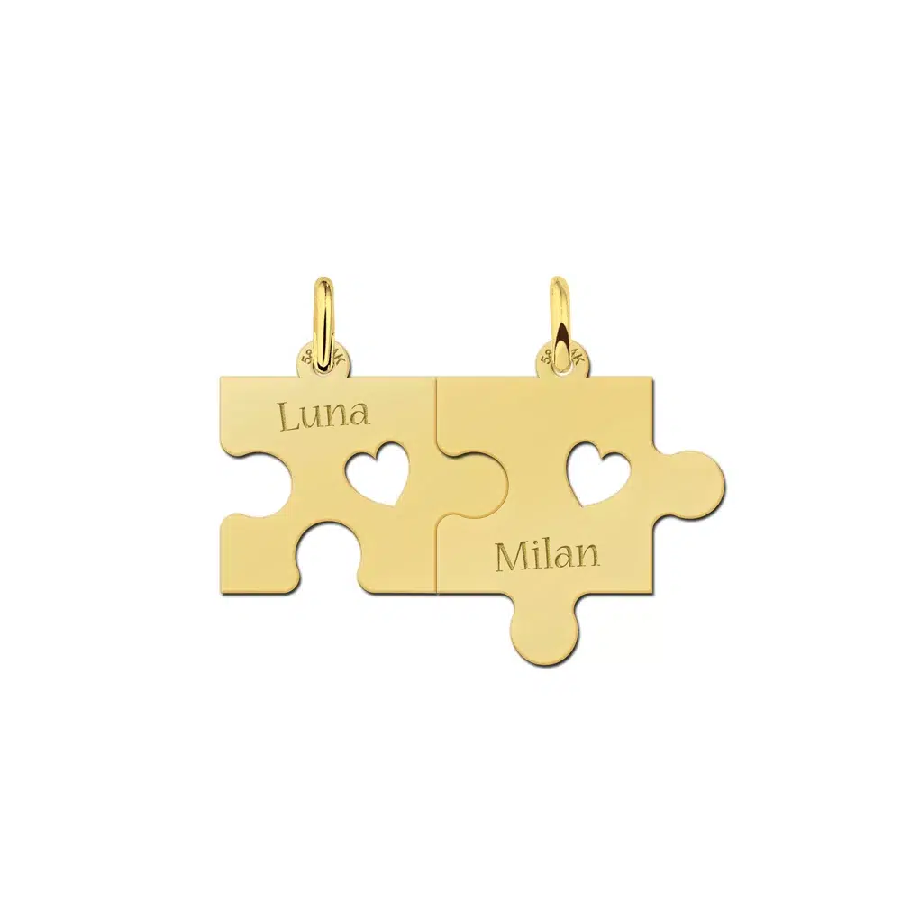 Gouden vriendschapsketting puzzelstukjes met harten Gegraveerd