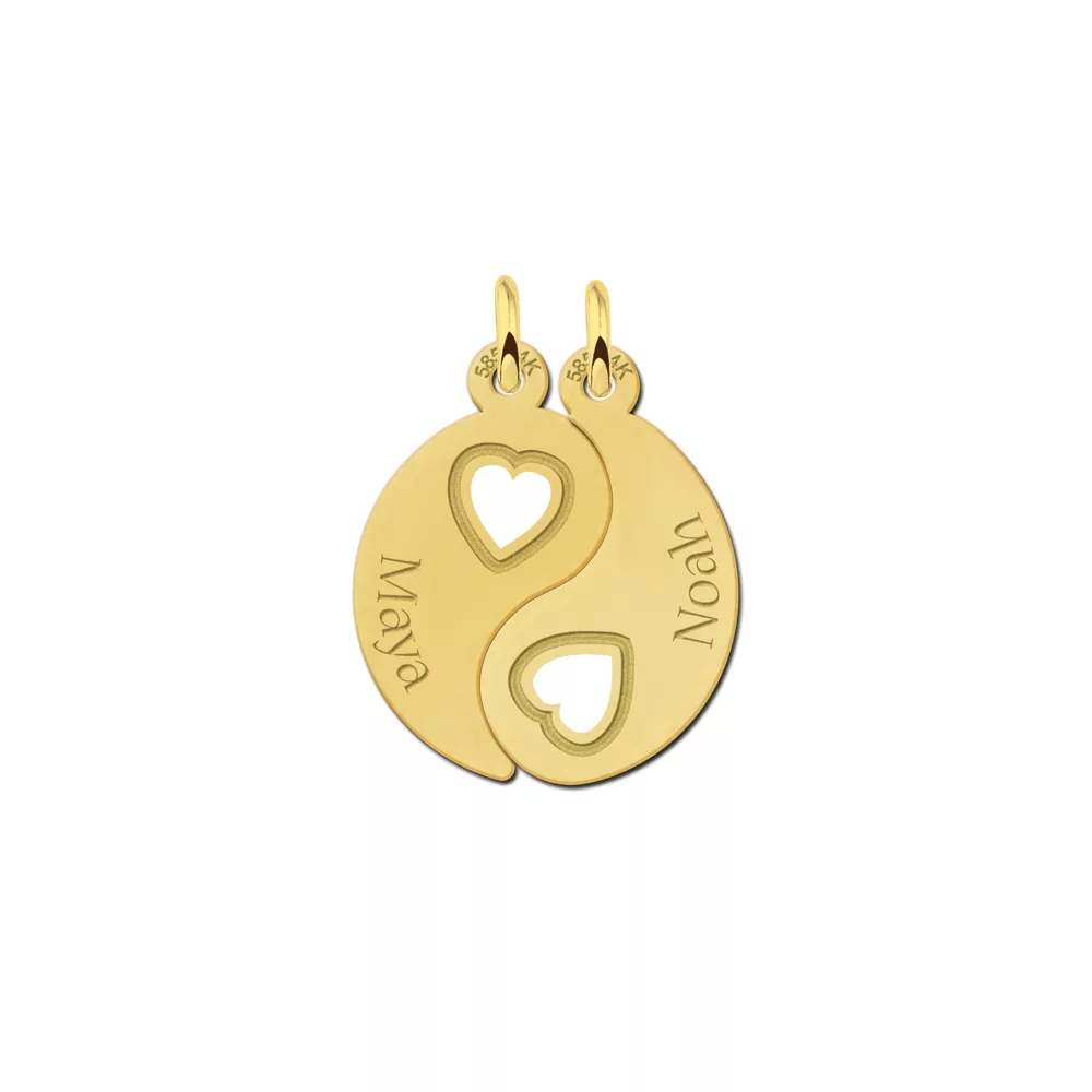 Gouden vriendschapsketting YinYang met hartjes Gegraveerd