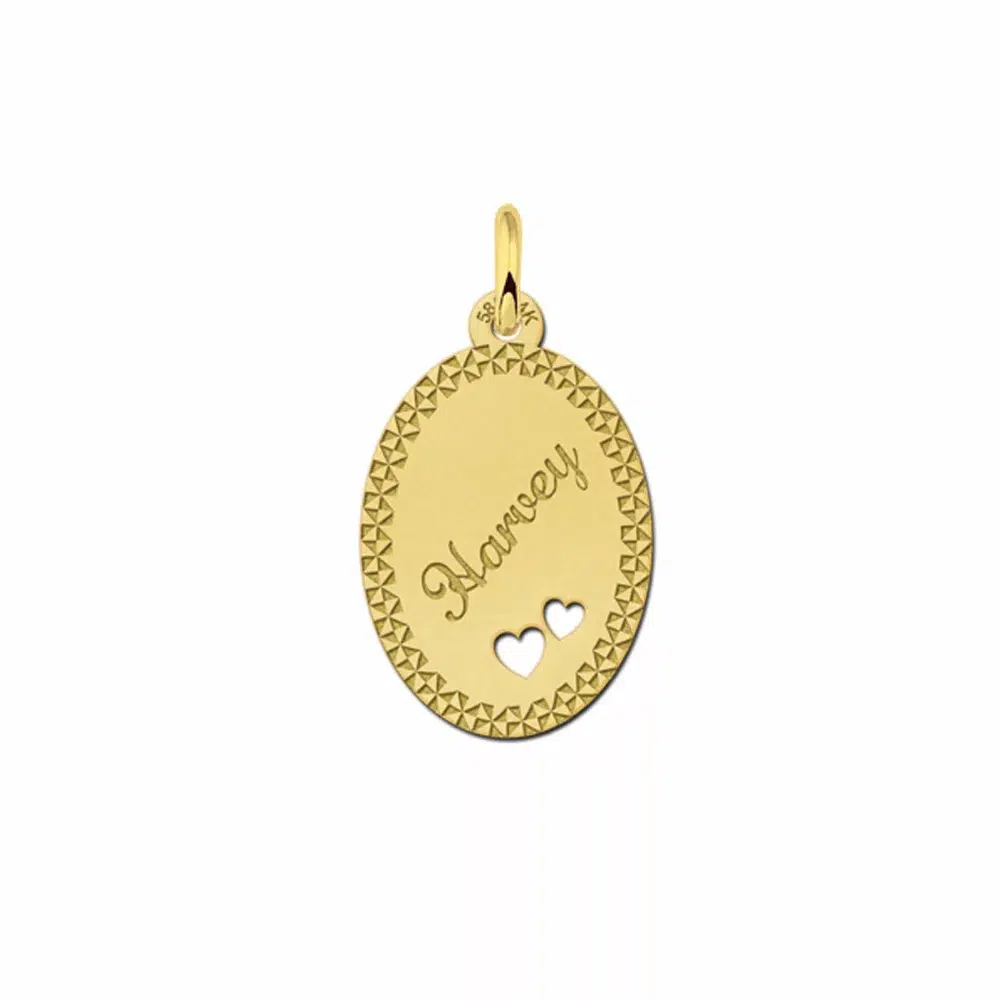 Gouden hanger ovaal hartjes sierrand – 14 x 19 mm – Small