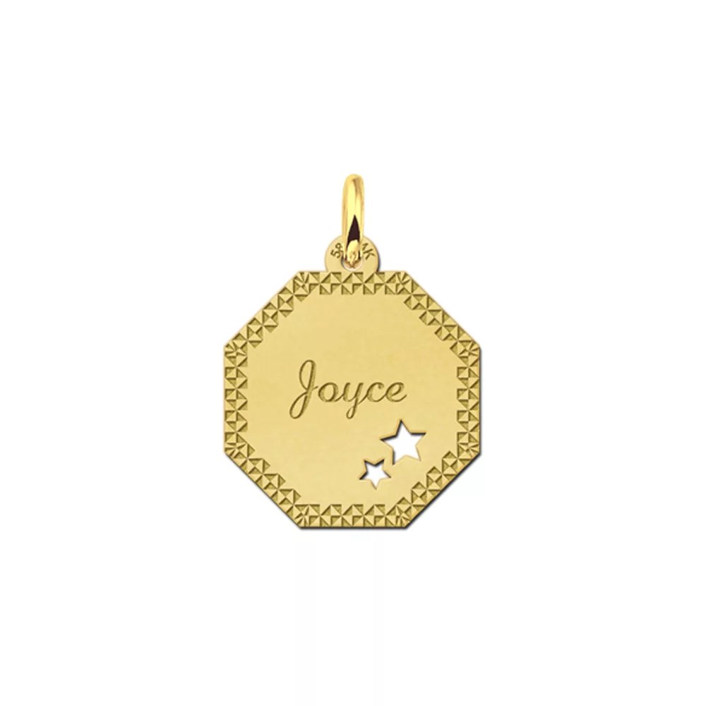 Gouden hanger achthoek met sterren en sierrand – 17 x 17 mm – Small