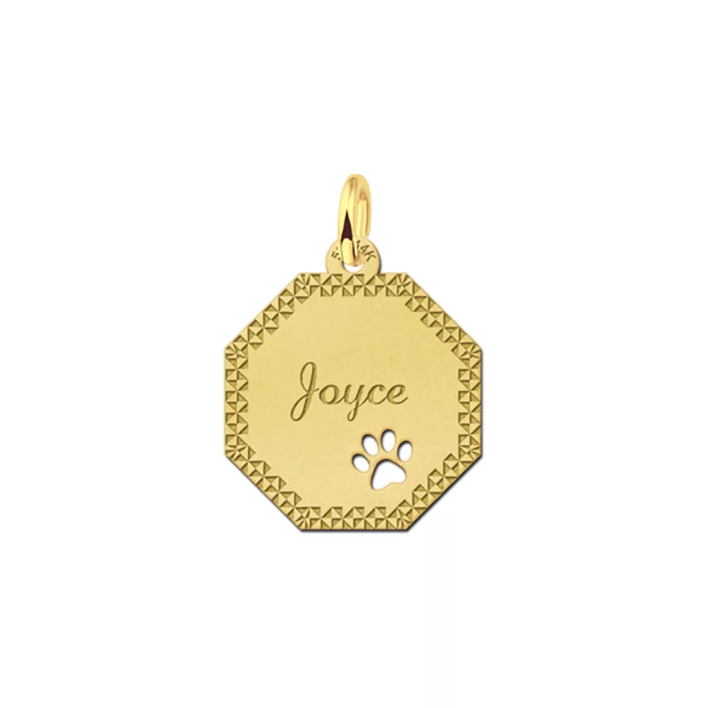 Gouden hanger achthoek met hondenpootje sierrand – 17 x 17 mm – Small